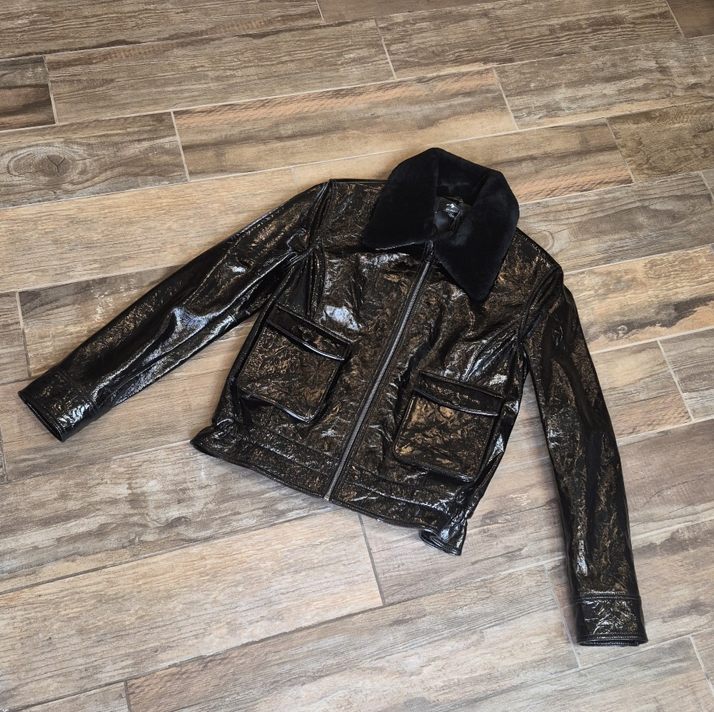 7 For All Mankind Genuine Patent Leather Full-Zip Fur Collar Jacket, S, $695 - Picture 3 of 15